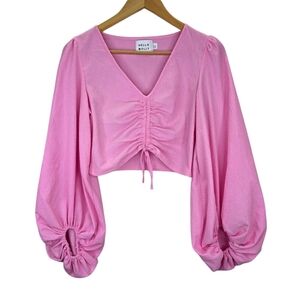 Hello Molly Cheers To The Weekend Puff Sleeve Ruched Crop Blouse Pink Size 4